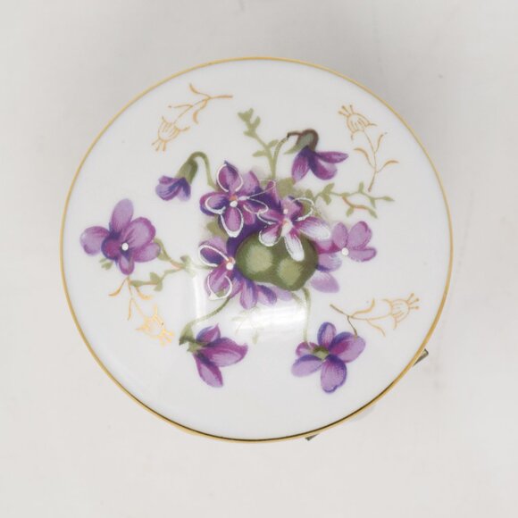 VTG Trinket Box Footed Purple Violets Porcelain Hand Painted Gold Hinge Round - Picture 12 of 16